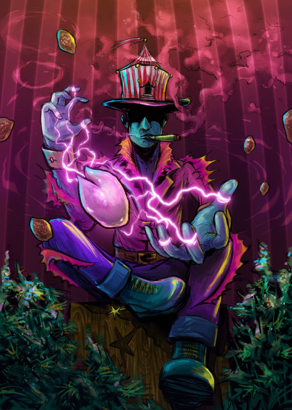 A puppet master in a circus-tent top hat, pink lightning between his hands, seeds floating around him and cannabis plants at his feet.