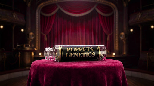 Puppets Genetics collectible seed pack on a purple theatre table